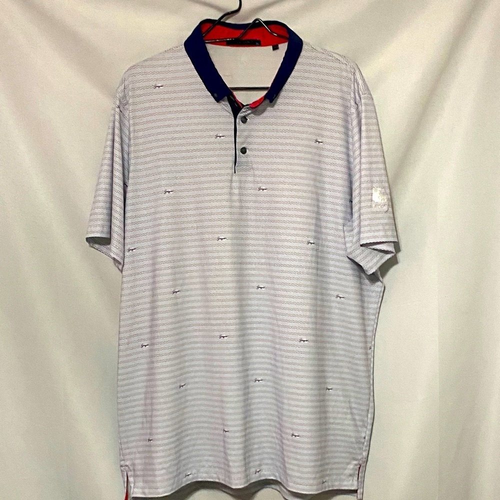 Greyson‎ Men's Polo Shirt - Navy and White stripe pattern w/ GREYSON PRINT EUC